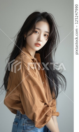 Korean young female beauty face black long hair portrait Korean young female beauty face black long hair portrait 125247990