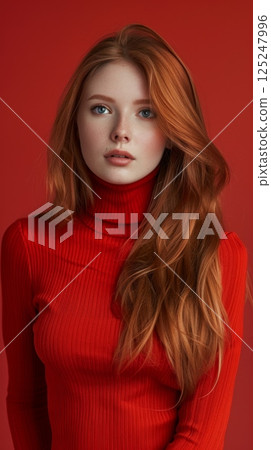 Young female wearing red sweater beauty face red long hair portrait 125247996
