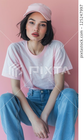 Young Asian female wearing hat and white t shirt and jeans pants 125247997