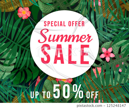 Summer Sale Template background tropical plants, flowers and leaves 125248147