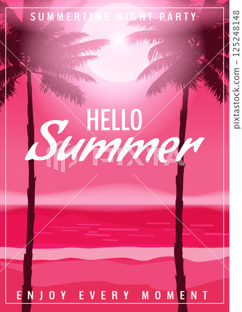Hello Summer party poster design template, flyer. Summertime beach background with palms 125248148