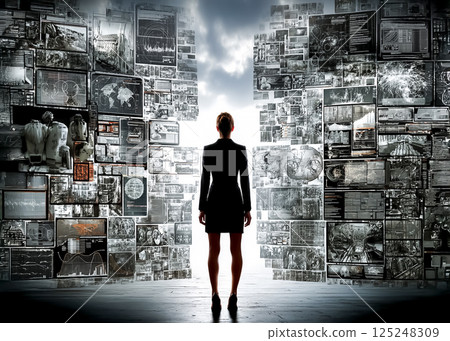 Digital virtual world, image of a woman standing at the entrance to another world 125248309
