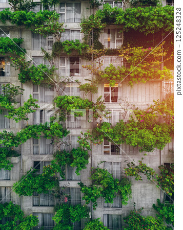 eco friendly green building with vertical garden, city harmony concept, sustainable architecture and urban nature balance 125248328