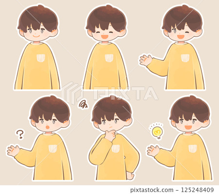 Smiling and thinking child facial expression set, boy, with white border 125248409