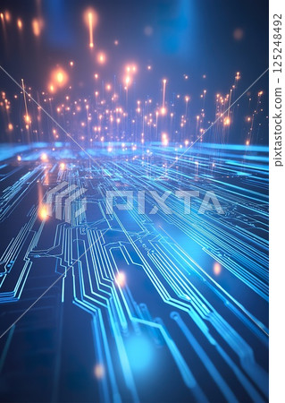 Futuristic circuit board with glowing lights and data connections. 125248492