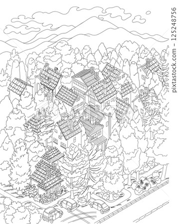 Isometric view on a small cozy village in a trees and mountains on background 125248756