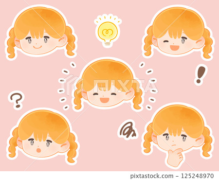 Set of children's faces with smiling and thinking expressions - Girls 125248970