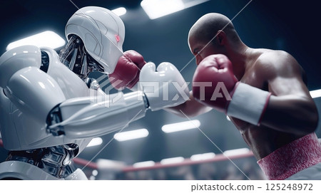 Robot cyborg and human boxer fight in the ring. Concept of fight between artificial and human intelligence.  125248972