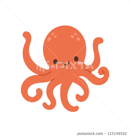 Cute orange octopus cartoon with happy face and wavy tentacles, perfect for ocean-themed kids illustrations, marine wildlife, or sea creature designs 125249582