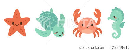 Cute underwater animals including starfish, turtle, crab, and seahorse, perfect for ocean-themed designs, marine life education, and beach decor 125249612