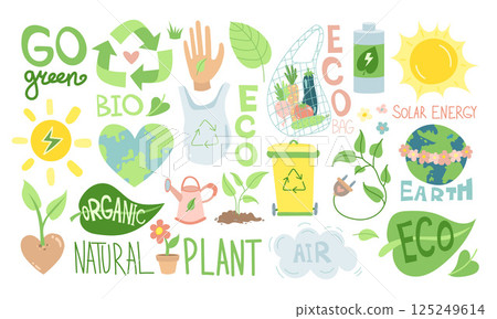 Eco-friendly illustration with recycling icons, green energy, compost bin, organic food, and Earth symbols promoting sustainability and natural living 125249614
