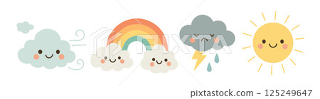 Flat weather strip with happy cloud, rainbow, storm icon, and bright sun, perfect for illustrating cheerful or dramatic seasonal changes Flat weather strip with happy cloud, rainbow, storm icon, and bright sun, perfect for illustrating cheerful or dramatic seasonal changes 125249647