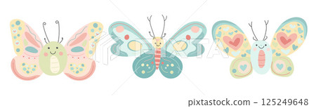 Three pastel butterflies with cheerful faces and heart-decorated wings flutter playfully in a cute cartoon illustration perfect for spring and garden designs Three pastel butterflies with cheerful faces and heart-decorated wings flutter playfully in a cute cartoon illustration perfect for spring and garden designs 125249648