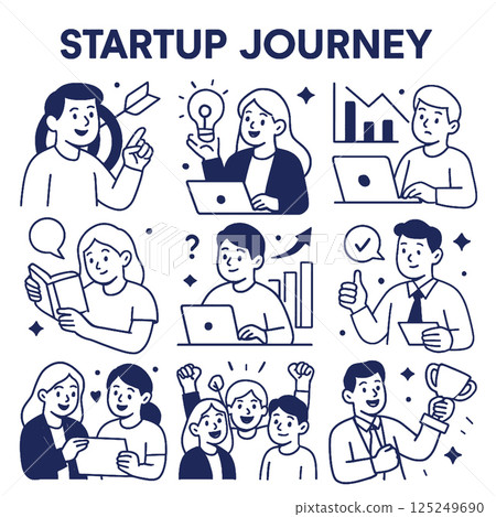 Startup journey illustration featuring diverse individuals engaged various activities like brainstorming, analyzing data, reading, and celebrating success. This visual captures essence 125249690
