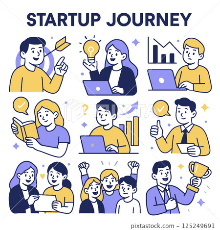 Startup journey illustrations depict various stages of entrepreneurship, showcasing teamwork, innovation, and success. Each scene highlights excitement and challenges faced by startups 125249691