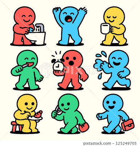 Cute and colorful cartoon characters engage various daily activities, showcasing emotions like joy and surprise. These playful figures represent moments of life, from washing hands to enjoying 125249705