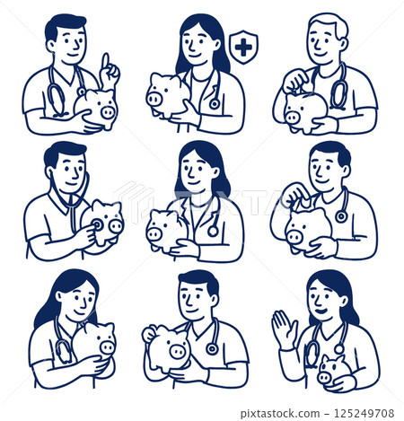 Healthcare professionals holding piggy banks, symbolizing financial wellness and savings in medical context. Their expressions convey sense of care and responsibility 125249708