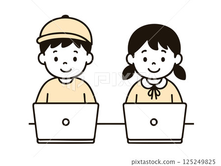 Illustration of children learning using a computer (boys and girls) 125249825