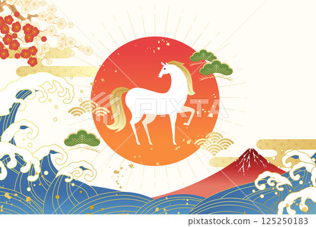 New Year's card template for the Year of the Horse 2026 with Mt. Fuji and the first sunrise (vector illustration) 125250183