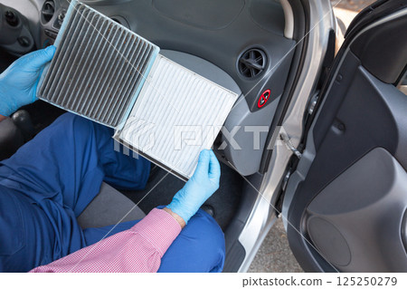 Clean and dirty cabin pollen air filter for a car Clean and dirty cabin pollen air filter for a car 125250279