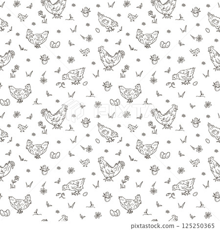 Seamless pattern with silhouettes of chickens, chicks and a rooster, in doodle style. Poultry, farm-style prints, kitchen textiles, eco-friendly packaging. The concept of natural food 125250365