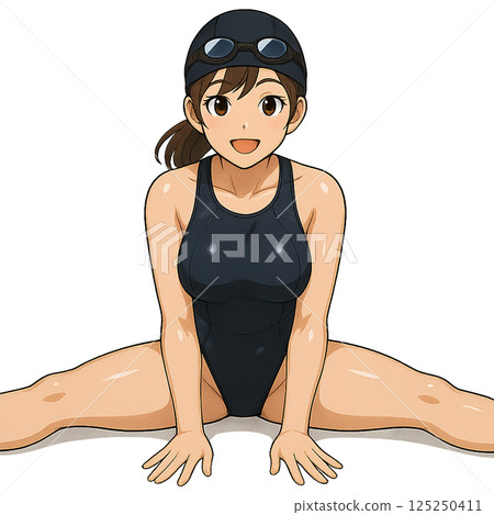 A smiling woman in a swimsuit stretching her legs A smiling woman in a swimsuit stretching her legs 125250411