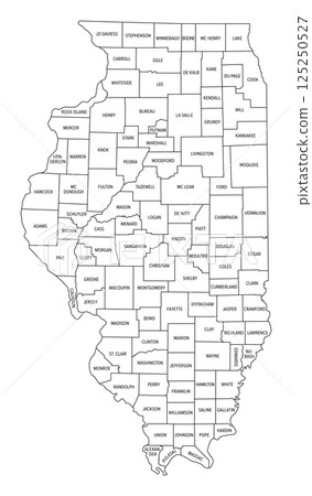 State of Illinois, subdivided into 102 counties, outline map. State in the Midwestern United States, nicknamed Land of Lincoln, Prairie State, and Inland Empire State. Isolated illustration. Vector 125250527