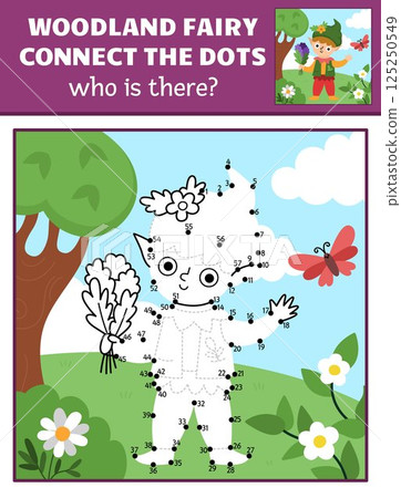 Vector fairyland dot-to-dot and color activity with elf, colored nature scene. Magic forest or garden fairy connect the dots game for children. Who is missing printable worksheet with cute boy Vector fairyland dot-to-dot and color activity with elf, colored nature scene. Magic forest or garden fairy connect the dots game for children. Who is missing printable worksheet with cute boy 125250549