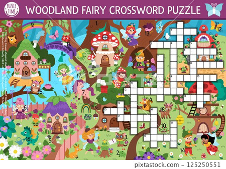 Vector fairyland crossword puzzle for kids. Simple quiz with magic forest landscape for children. Educational activity with fairy, house, elf, dragon. Cross word with fantasy woodland scene 125250551