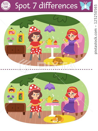 Find differences game for children. Fairyland educational activity. Landscape with fairies drinking tea in cozy room in tree house. Magic forest puzzle for kids. Fairytale printable worksheet Find differences game for children. Fairyland educational activity. Landscape with fairies drinking tea in cozy room in tree house. Magic forest puzzle for kids. Fairytale printable worksheet 125250565