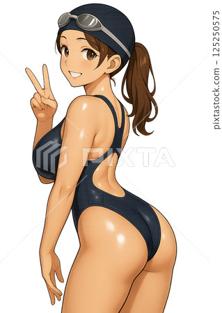 A woman in a swimsuit making a peace sign A woman in a swimsuit making a peace sign 125250575
