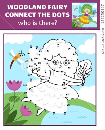 Vector fairyland dot-to-dot and color activity with swamp airy, colored nature scene. Magic forest or garden connect the dots game for children. Who is missing printable worksheet with cute girl 125250597