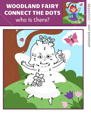 Vector fairyland dot-to-dot and color activity with berry fairy, colored nature scene. Magic forest or garden connect the dots game for children. Who is missing printable worksheet with cute girl 125250598