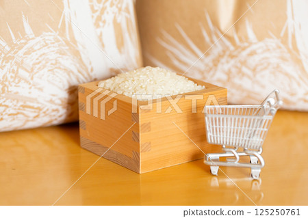 Rice price Rice price Image of household finances, rice in a wooden box and a bag of rice, shopping cart Rice price Rice price Image of household finances, rice in a wooden box and a bag of rice, shopping cart 125250761