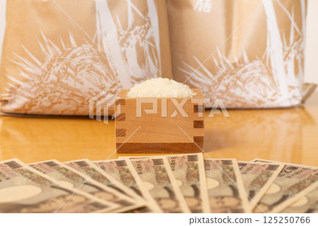 米價 米價 家庭財務狀況圖、木箱裡的米和一袋米、10,000 日元紙幣 125250766
