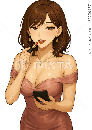 A woman in a pink dress putting on lip makeup A woman in a pink dress putting on lip makeup 125250977