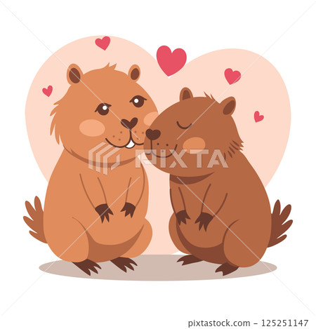 Cute funny couple of capybaras in love. Illustration, children's print, postcard. Cute funny couple of capybaras in love. Illustration, children's print, postcard. 125251147