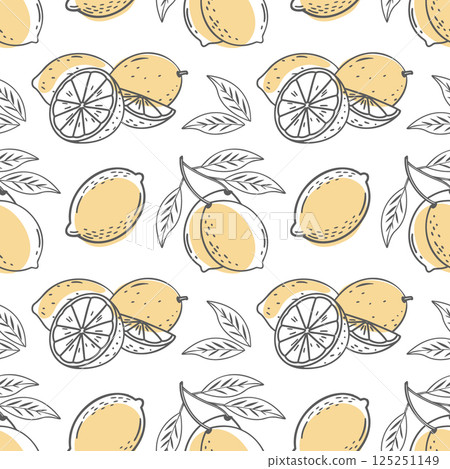 Lemon seamless pattern. Hand drawn outline citrus fruits on a white background. Illustration. 125251149