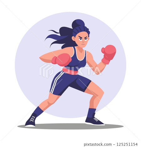Female boxer in action. Young woman with boxing gloves. Sports. Illustration. Female boxer in action. Young woman with boxing gloves. Sports. Illustration. 125251154