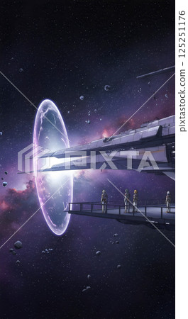 Spaceship sailing in the vast space with glowing energy shield 125251176