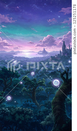 vast and mysterious forest illuminated by floating lights 125251178