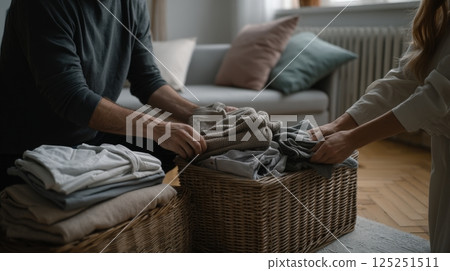 Couple Folding Laundry in a Cozy Living Room 125251511