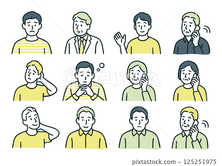 Icon illustration set of various facial expressions and gestures of men (troubled face, phone call, thoughtfulness) Icon illustration set of various facial expressions and gestures of men (troubled face, phone call, thoughtfulness) 125251975