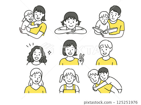 Illustration set of parent-child interactions and smiling children (childcare, daily life, family) Illustration set of parent-child interactions and smiling children (childcare, daily life, family) 125251976