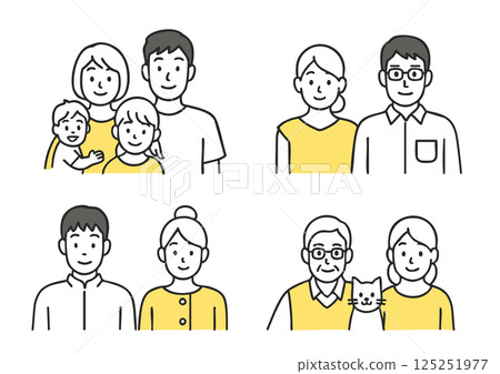 Illustration set of various family structures (nuclear family, senior couple, young couple, pet family) Illustration set of various family structures (nuclear family, senior couple, young couple, pet family) 125251977