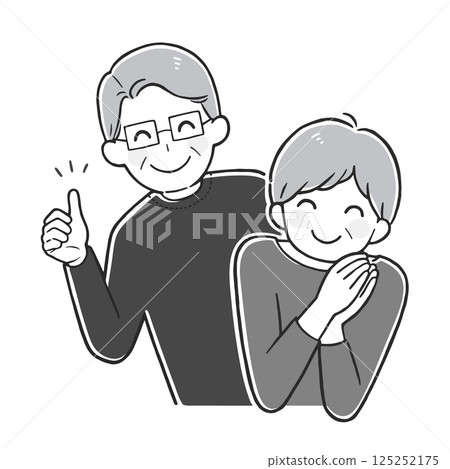 A man with glasses giving a thumbs up and a happy woman Monochrome illustration of a senior couple 125252175