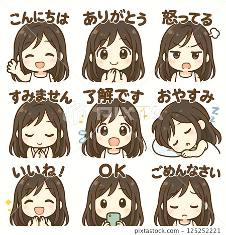 年輕女子赤壁字符圖示集。微笑，生氣，像，對不起，好的，謝謝 125252221