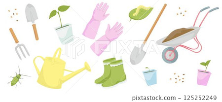 gardening tools and plants, protective gloves, wheelbarrow, watering can, Hand garden trowel, Hand garden fork 125252249