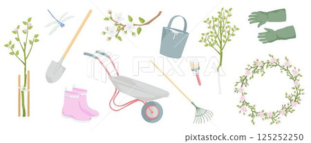 set tools and elements about gardening, protective gloves, shovel, rake, pair of rubber boots, blooming apple tree 125252250