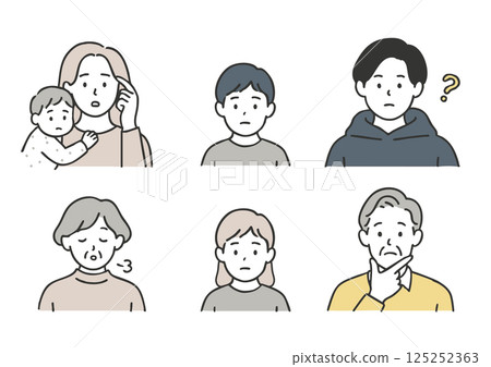 Set of people icons with dissatisfied facial expressions (children to senior men and women) 125252363